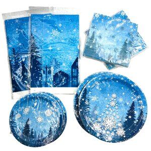 Winter Snowflake Scene Paper Plate & Napkins 10ct ea Plastic Tablecloth (2-Pack)